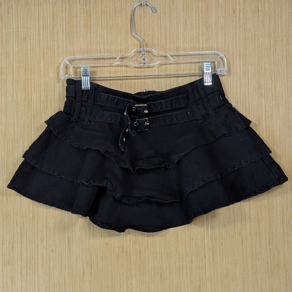 Womens Black Tiered Ruffle Denim Micro Mini Skirt Y2K Goth Grunge 6 Rocker Party